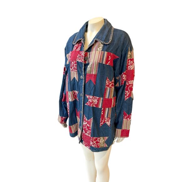 Susan Bristol Chambray Denim Quilted Barn Jacket Large Blue Red - Picture 3 of 10